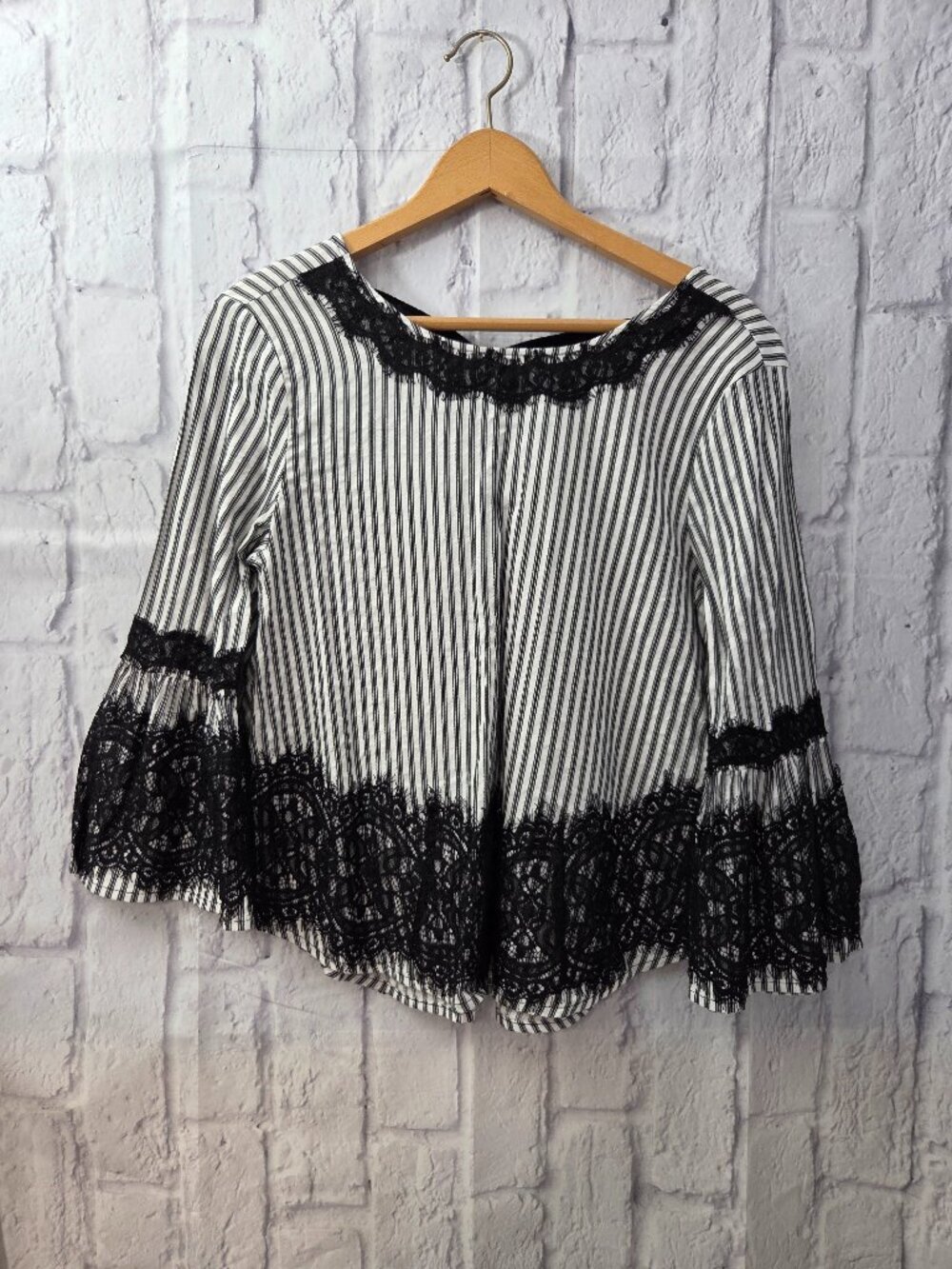Star Style Medium Black Striped Lace Trim Bell Sleeve Dressy Spring Blouse